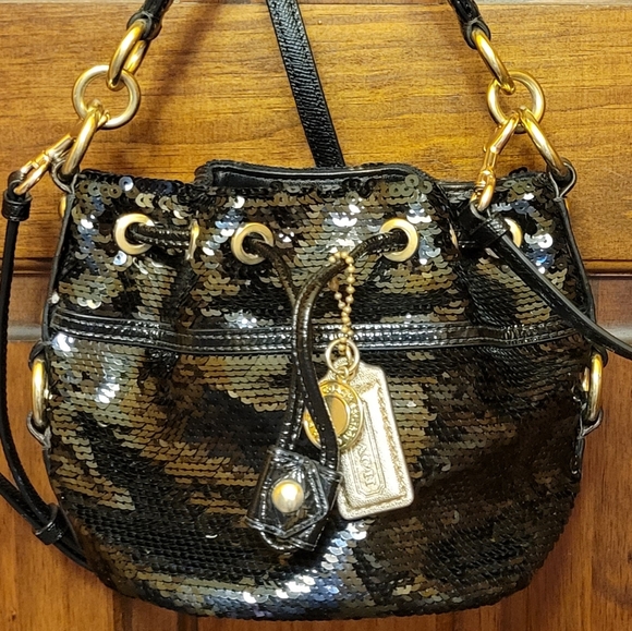COACH POPPY BLACK SEQUINS CINCH DRAWSTRING MINI BUCKET CROSSBODY HANDBAG 18726 - Picture 2 of 16